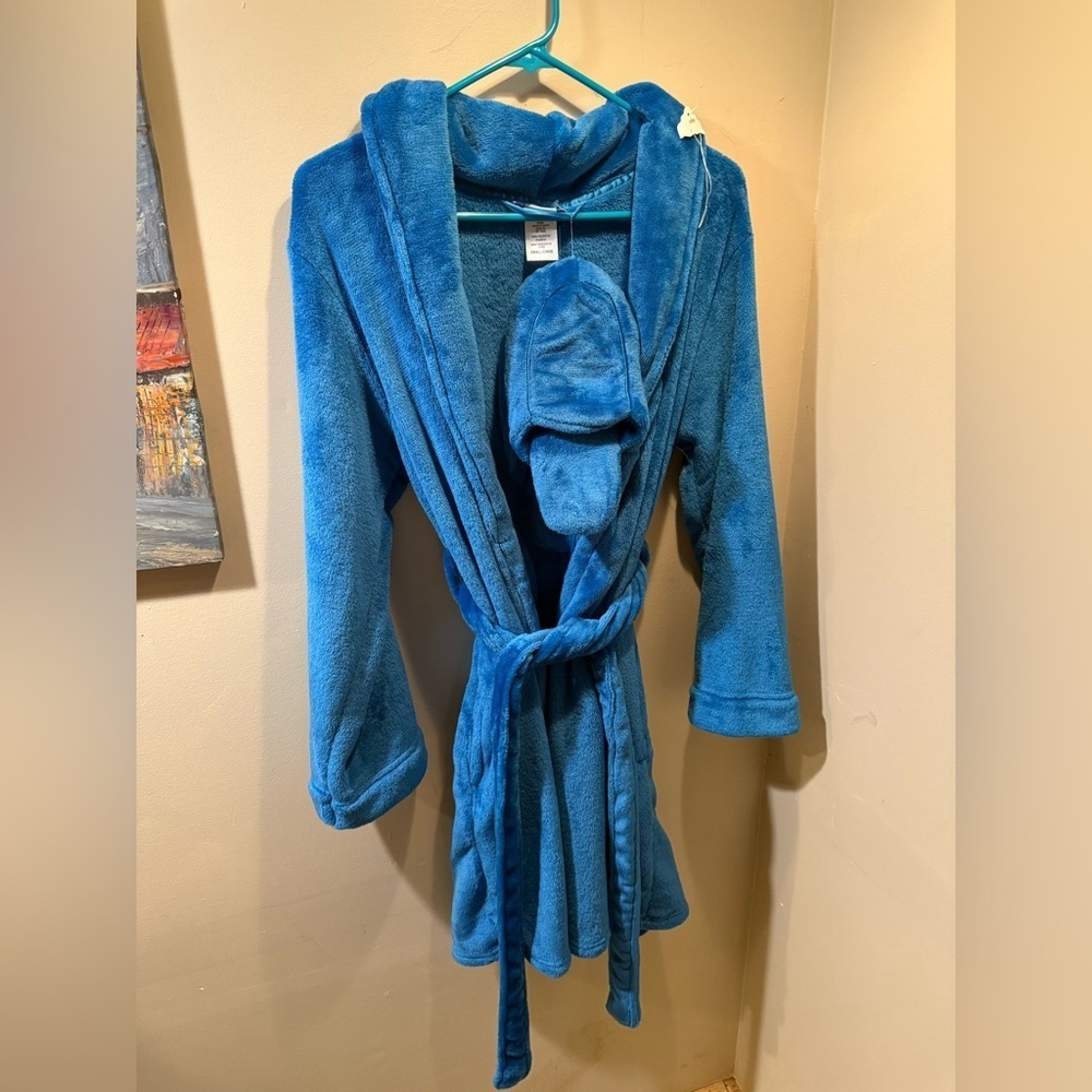 Cozy Blue Plush Robe with Hood & Matching Slippers NWT